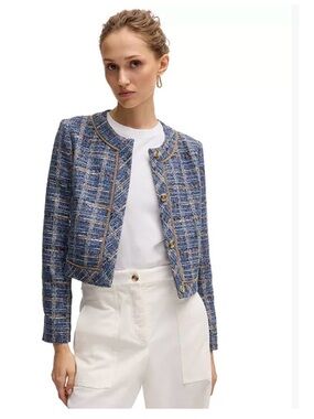 BOSS Janoa Navy Tweed Cropped Jacket with Gold Trim